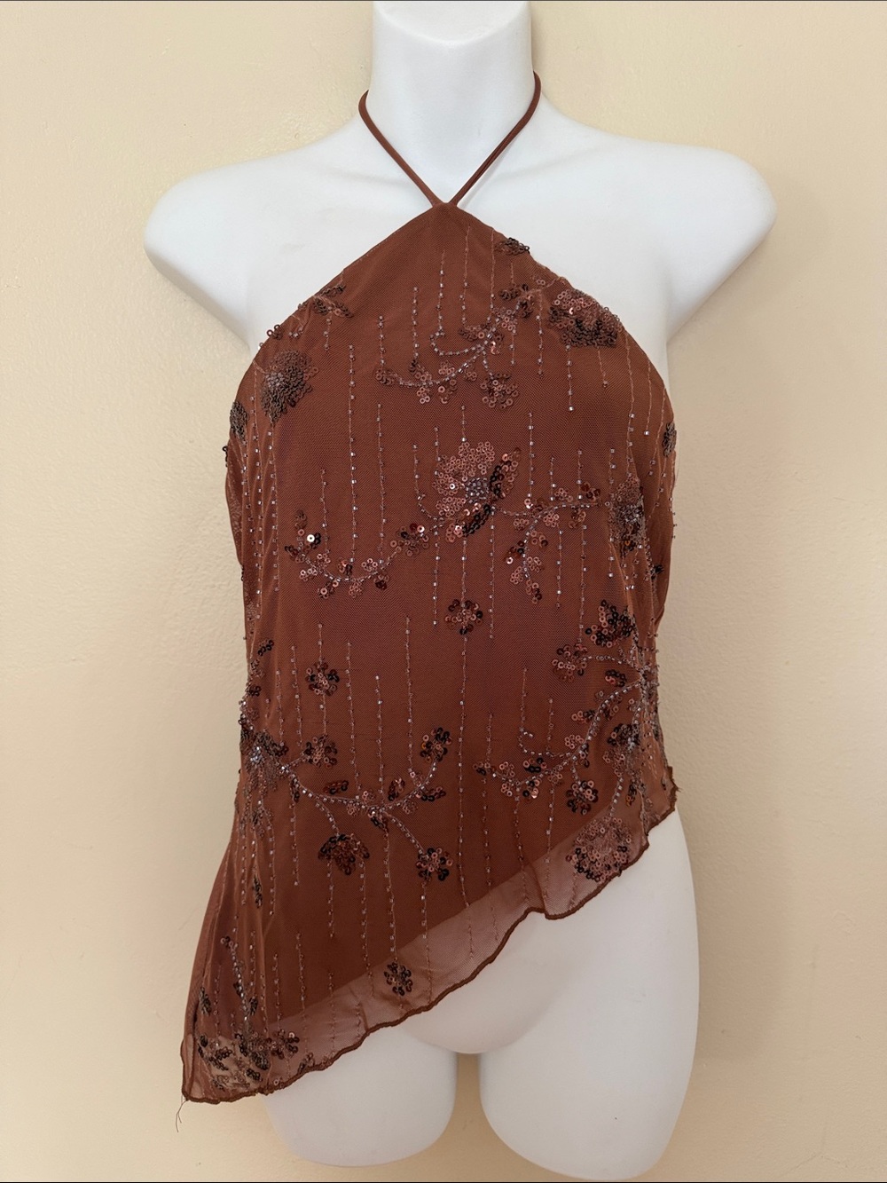 feathers Brown Beaded Halter Neck Asymmetric Blouse